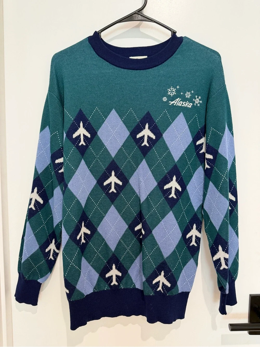 Alaska Airlines Argyle Airplane Crewneck Sweater